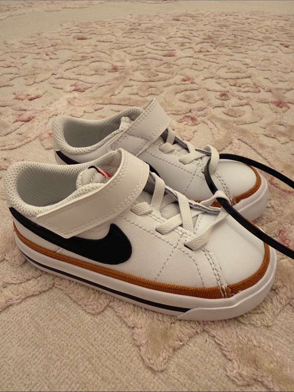 NWOT Nike Kids White Sneakers with Black Swoosh and Brown Trim